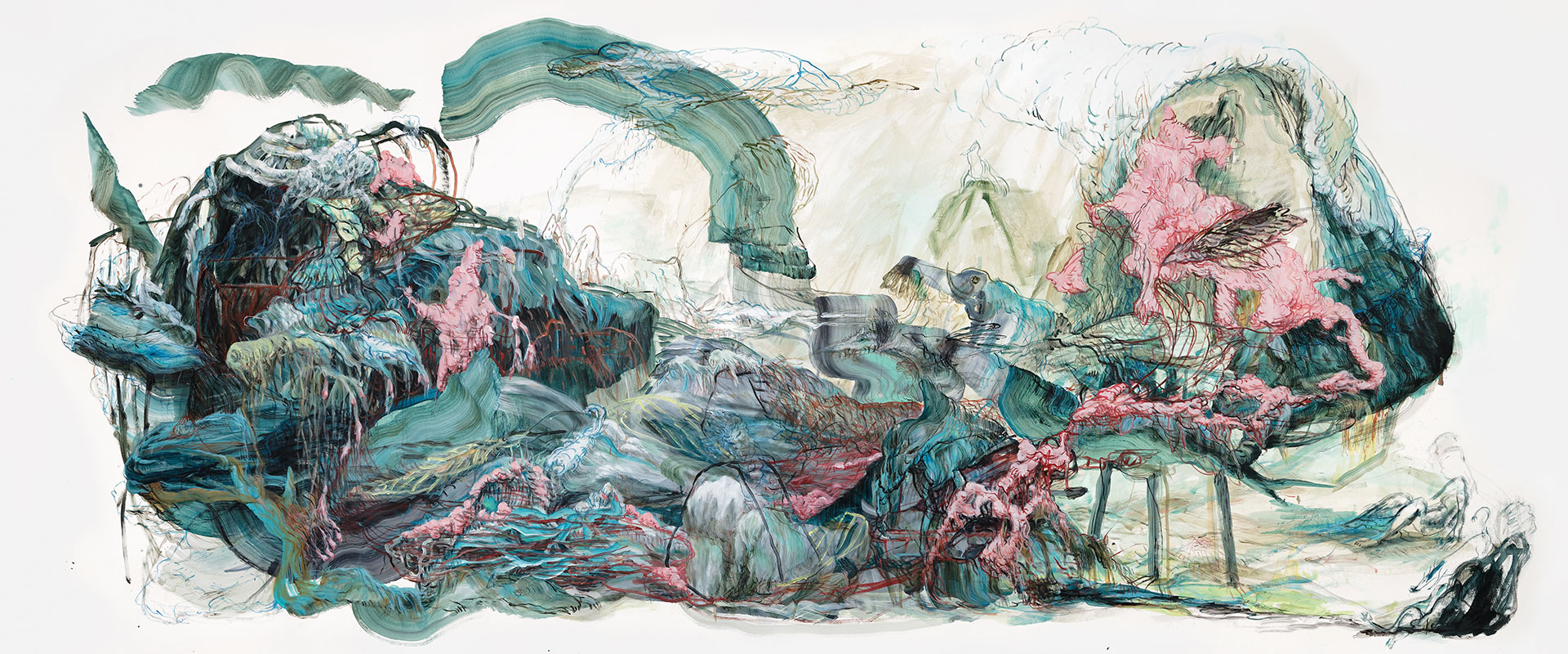 Terribles jardins - 2019 - Acrylique sur papier marouflé sur toile - 125 x 300 cm © A. Mole